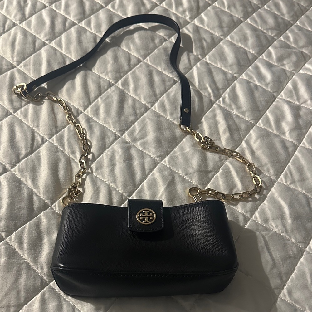 Tory Burch Black Leather Mini Crossbody with Gold Accents
